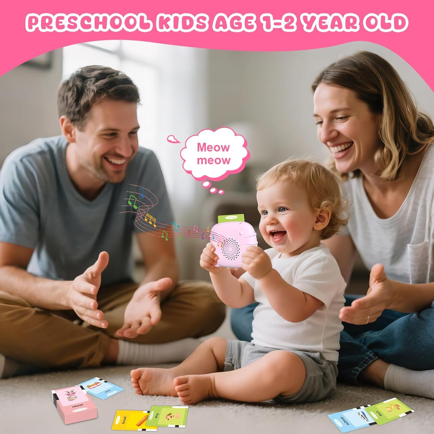Toddler Talking Flash Cards for 1 2 3 4 5 Year Old Boys and Girls - Language Sensory Learning Device with 224 Sight Words - Montessori,Pocket Speech Therapy,Autism Toys,Christmas Birthday Gift - Pink
