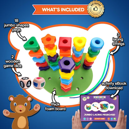 Jumbo Stacking Shapes Pegboard Set for Kids with 18 Pegs, 2 Wooden Dice, Lacing String & Storage Box (Standard Rainbow Colors)