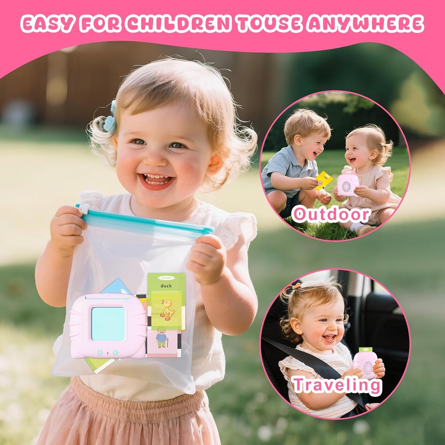 Toddler Talking Flash Cards for 1 2 3 4 5 Year Old Boys and Girls - Language Sensory Learning Device with 224 Sight Words - Montessori,Pocket Speech Therapy,Autism Toys,Christmas Birthday Gift - Pink